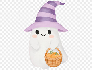 Watercolor ghost with purple witch hat and basket Halloween Vector.