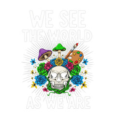 Skull with flowers and mushrooms isolated on transparent background, a colorful design