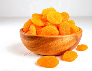 Dried apricots in a wooden bowl