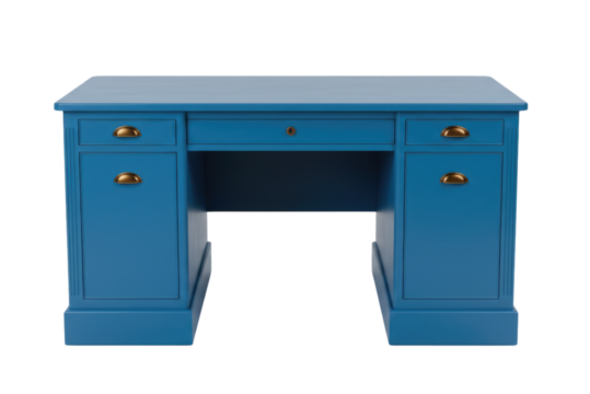 Blue wooden desk with drawers transparent background cutout png