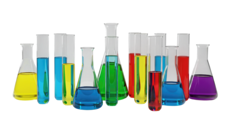 Collection of laboratory glassware with colored liquids transparent background cutout png
