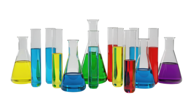 Collection of laboratory glassware with colored liquids transparent background cutout png - Powered by Adobe