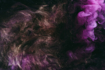 Abstract fluid art background. Moving flow of purple gold paints, dark space sky
