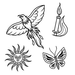 fine line tattoo icons flame phoenix and candle clipart set.svg