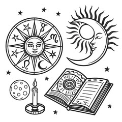 gothic line engraving style full moon and crescent moon clipart set.svg