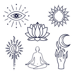 fine line vector icons third eye lotus and meditation clipart set.svg