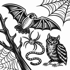 highly detailed engraving bat raven and black cat clipart set.svg