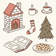 holiday home icons candle cup of tea and fireplace clipart set.svg