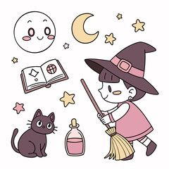 kawaii doodle vector icons baby witch and brooms clipart set.svg