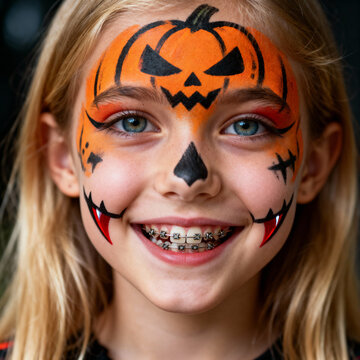Happy Girl With Halloween Pumpkin Face Paint, Braces, Bright Blue Eyes And Smile