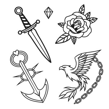 fine line tattoo icons dagger sword heart and rose clipart set.svg