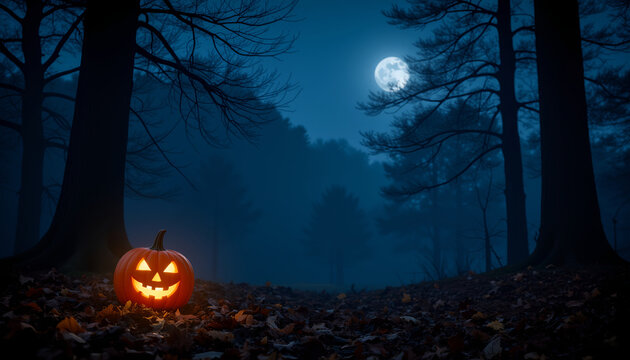Jack-o'-lantern glowing in foggy forest under full moon light, place for text  
