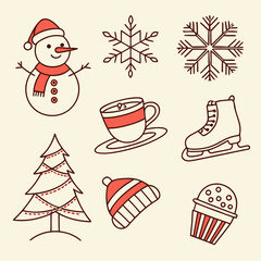 simple winter icons snowman snowflake and cup of cocoa clipart set.svg