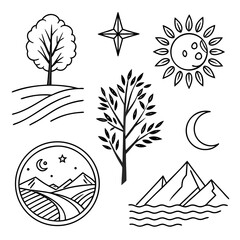 thin black line vector icons tree mountain and river clipart set.svg