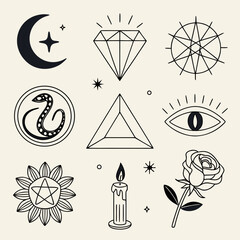 thin line icons crescent moon crystal and tarot clipart set.svg