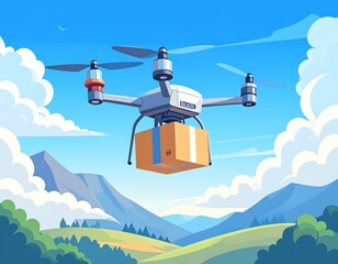 Drone delivering package over mountains
