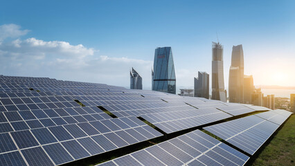 Solar panels in urban area with modern buildings in background © zhouyilu
