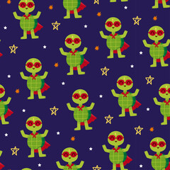 Cute Pixelated Cartoon Turtle Superhero Pattern With Red Cape And Sunglasses On Dark Blue Starry Background