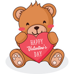 Cute Teddy Bear Holding A Pink Heart With Happy Valentines Day Text Illustration Isolated On White Background