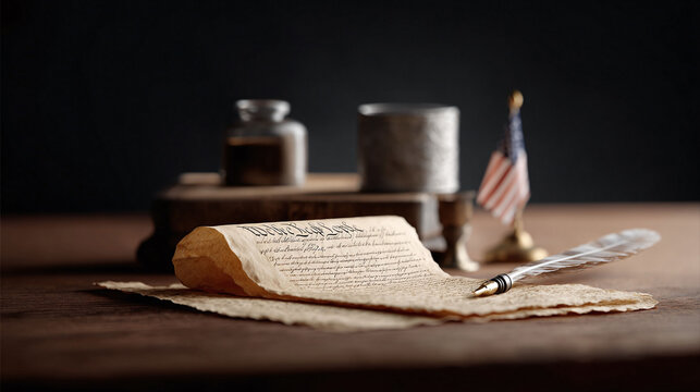 Aged script on parchment, quill pen, American flag, and inkwell evoke history and heritage. Ideal for themes of democracy, law, and tradition.