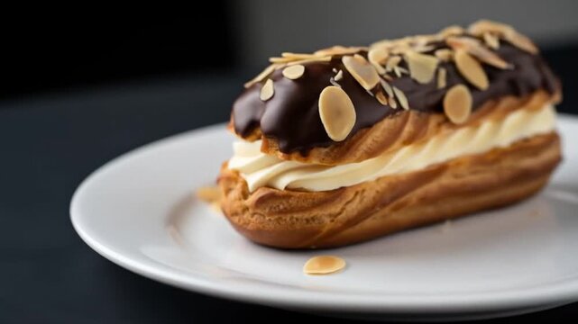 Close-up shot of a delicious eclair pastry with chocolate glaze and almond flakes on a white plate.