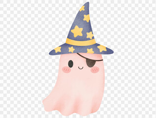 Watercolor ghost wearing blue wizard hat cute Halloween Vector.