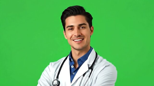 Handsome doctor looking on the side while pointing his hand. Isolated on green screen.
