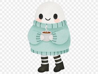 Watercolor ghost in mint sweater holding coffee cup cute cozy Halloween vector.
