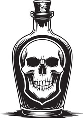 An ink drawing of a skull housed within a vintage bottle. A gothic image, perfect for Halloween themes.