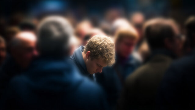 Social anxiety disorder concept &mdash; lonely person in a crowded room, fear of people, shyness, isolation, mental health awareness, depression art