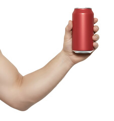 hand holding red can bottle isolated on transparent background