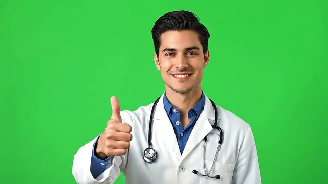 Handsome doctor giving a thumbs up hand sign. Isolated on green screen.