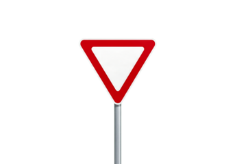 Yield right of way sign, stay safe and be aware of traffic regulations, red and white triangle road symbol, ensure vehicles merge carefully