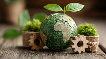 Green planet sprouts with gears on rustic wood, symbolizing growth and industry