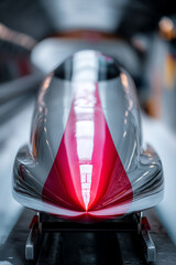 Obraz premium A close-up of a bobsleigh runner, perfectly polished and sharp, resting on a stand, emphasizing the precision tools of the sport.
