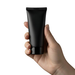 Hand Holding Black Cosmetic Tube Isolated on Transparent Background