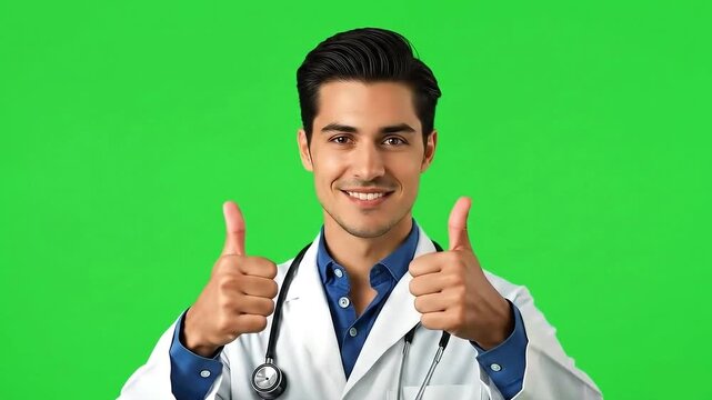 Handsome doctor giving a two thumbs up. Isolated on green screen.