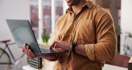 Hands, man and typing with laptop for startup research, editing article and editor feedback. Journalist, pc and proofreading for draft update, review email and story submission for media publication