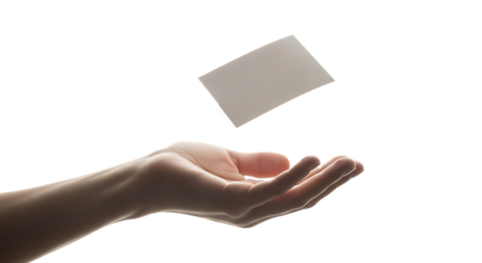 A hand releasing a blank white card into the air, isolated on transparent background