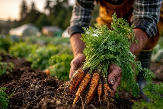 Hands of a farmer holding freshly harvested carrots with green tops, showcasing the rich soil and vibrant garden environment, emphasizing sustainable agriculture and organic farming practices
