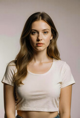 Obraz premium Portrait of a young woman with long wavy hair wearing a crop top and jeans, captured against a neutral background with soft lighting, emphasizing modern identity and natural expression. Casual Girl.