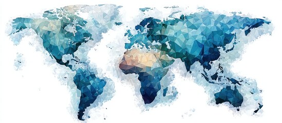 Geometric world map illustration in vibrant blue and green tones, showcasing continents with a modern, abstract design, perfect for global themes and travel concepts