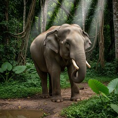 Majestic Elephant in Lush Jungle Habitat with Sun Rays.