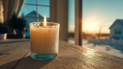 Lit candle on wooden table by window with sunset, snow outside