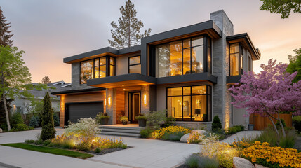 Modern suburban home with clean lines in golden light, conveying serene contemporary living