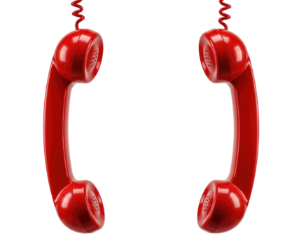 Two red telephone handsets hanging transparent background cutout png