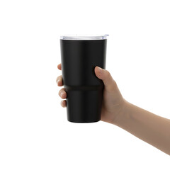 Hand Holding Black Tumbler Isolated on Transparent Background
