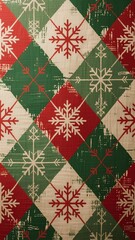 Photo-realistic distressed diamond-patterned fabric in red, green, and beige with original snowflake motifs and subtle line variations