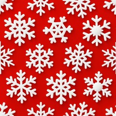 Seamless pattern with bright red background and white snowflakes in various intricate shapes and sizes, slightly reduced density, photo-realistic texture