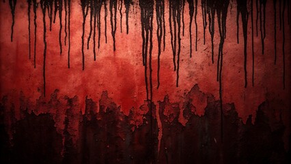 Intense red grunge texture with dark dripping paint, perfect for horror, Halloween, or grungy design projects adding a dark, dramatic flair